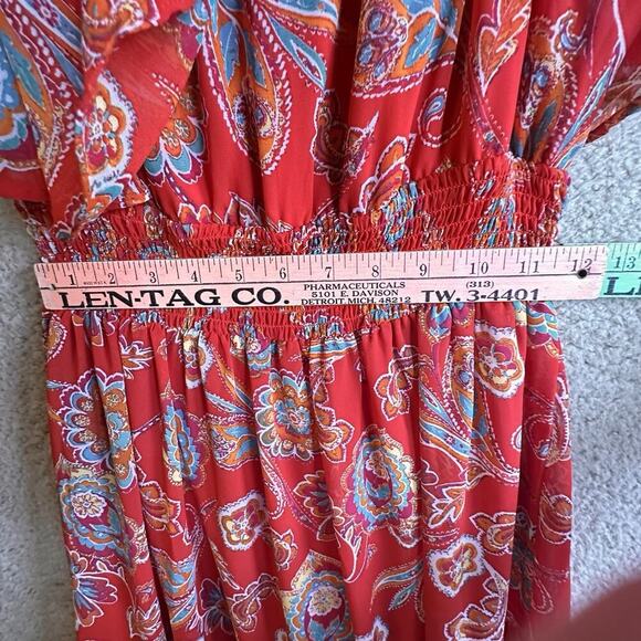 Red Paisley Floral Print Off-Shoulder Boho Chic Bohemian Tiered Maxi Dress Sz 6 - Picture 13 of 16